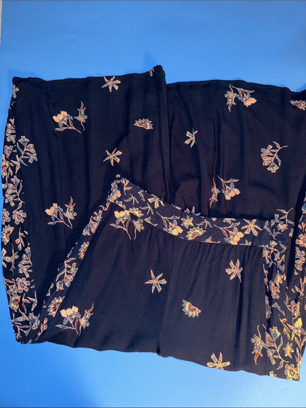 Angie Navy Blue and Floral Print Boho Wide-Leg Pants Sz Large